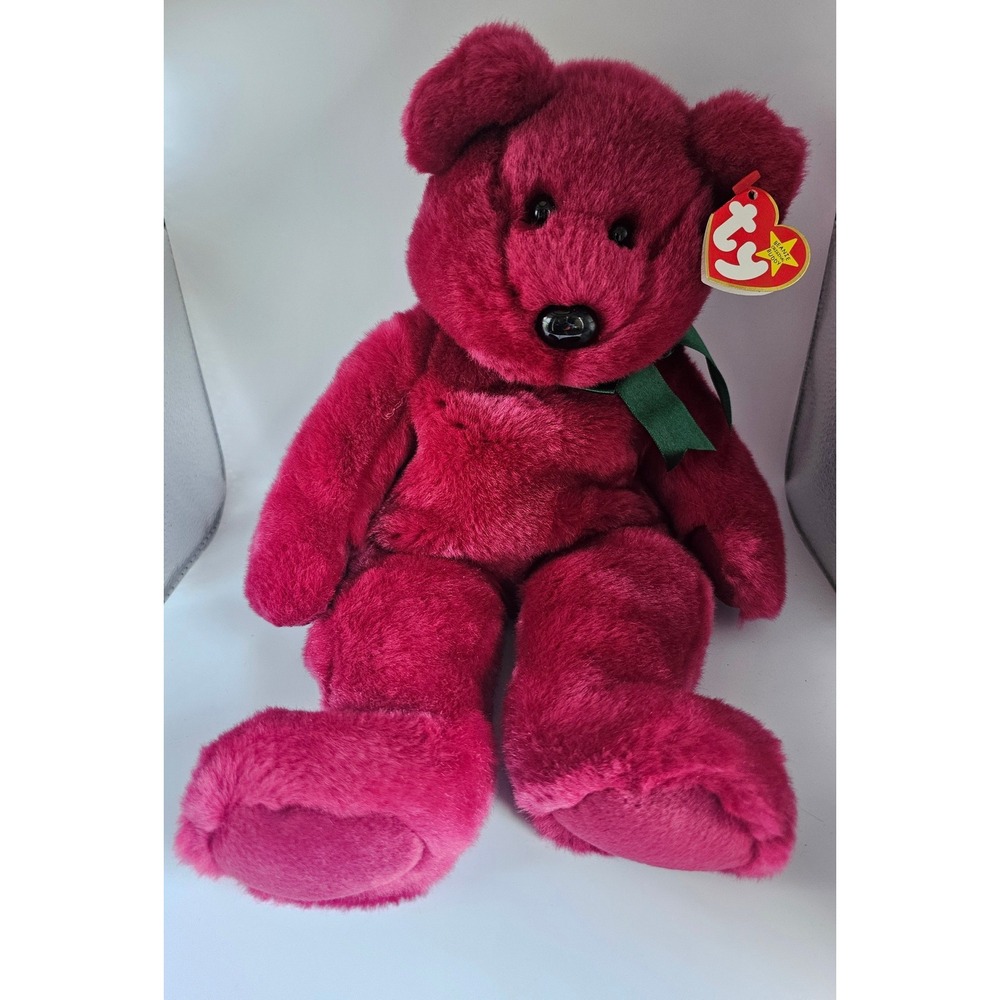 Ty Beanie Buddy Teddy Bear Cranberry Red Green Ribbon Plush 1998 Collectible